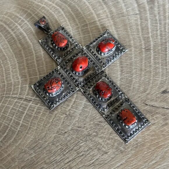 Vintage Zuni Navajo Western Coral Sterling Silver Cross Pendant - Picture 2 of 4